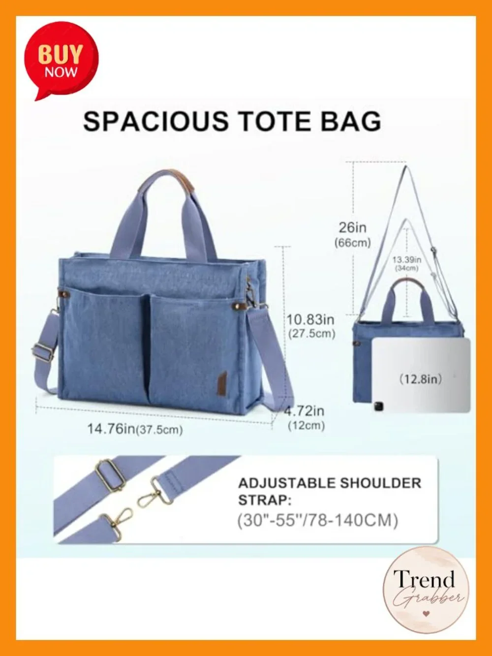 Canvas Tote Bag with Zipper Pockets and Detachable Crossbody Strap